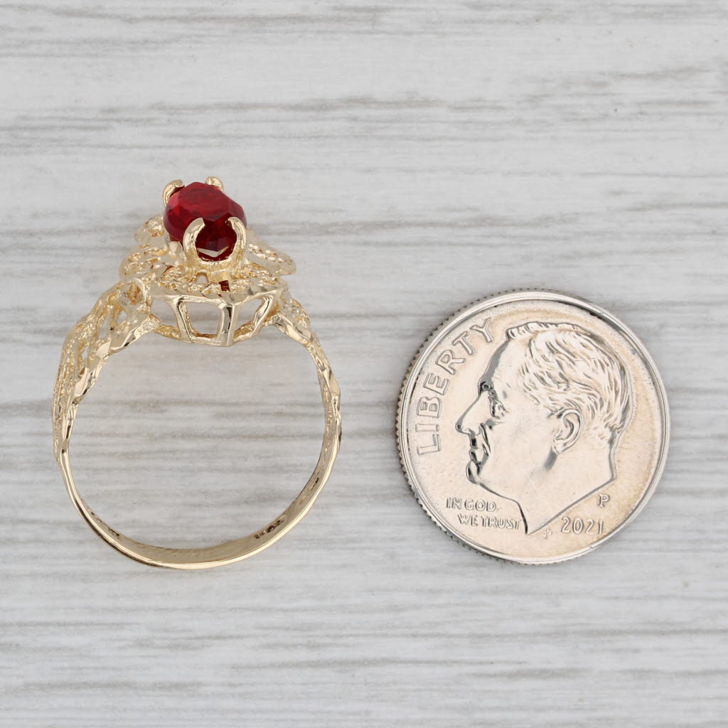 Gray Red Glass Marquise Solitaire Ring 14k Yellow Gold Ornate Filigree Size 6.5