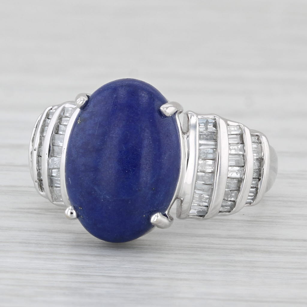 Light Gray Lapis Lazuli 1.10ctw Diamond Ring 14k White Gold Size 7.25 Oval Cabochon