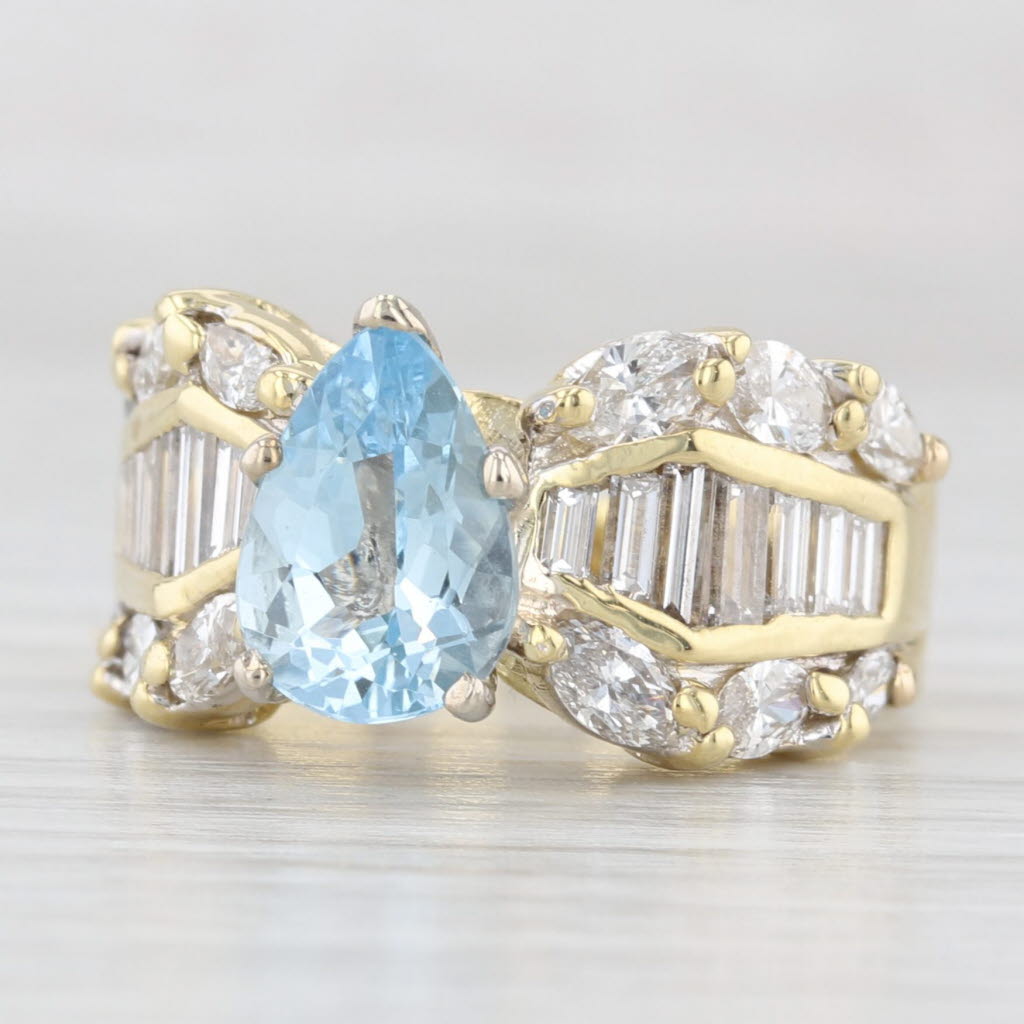 3.50ctw Aquamarine Pear Diamond Cocktail Ring 18k Yellow Gold Size 6