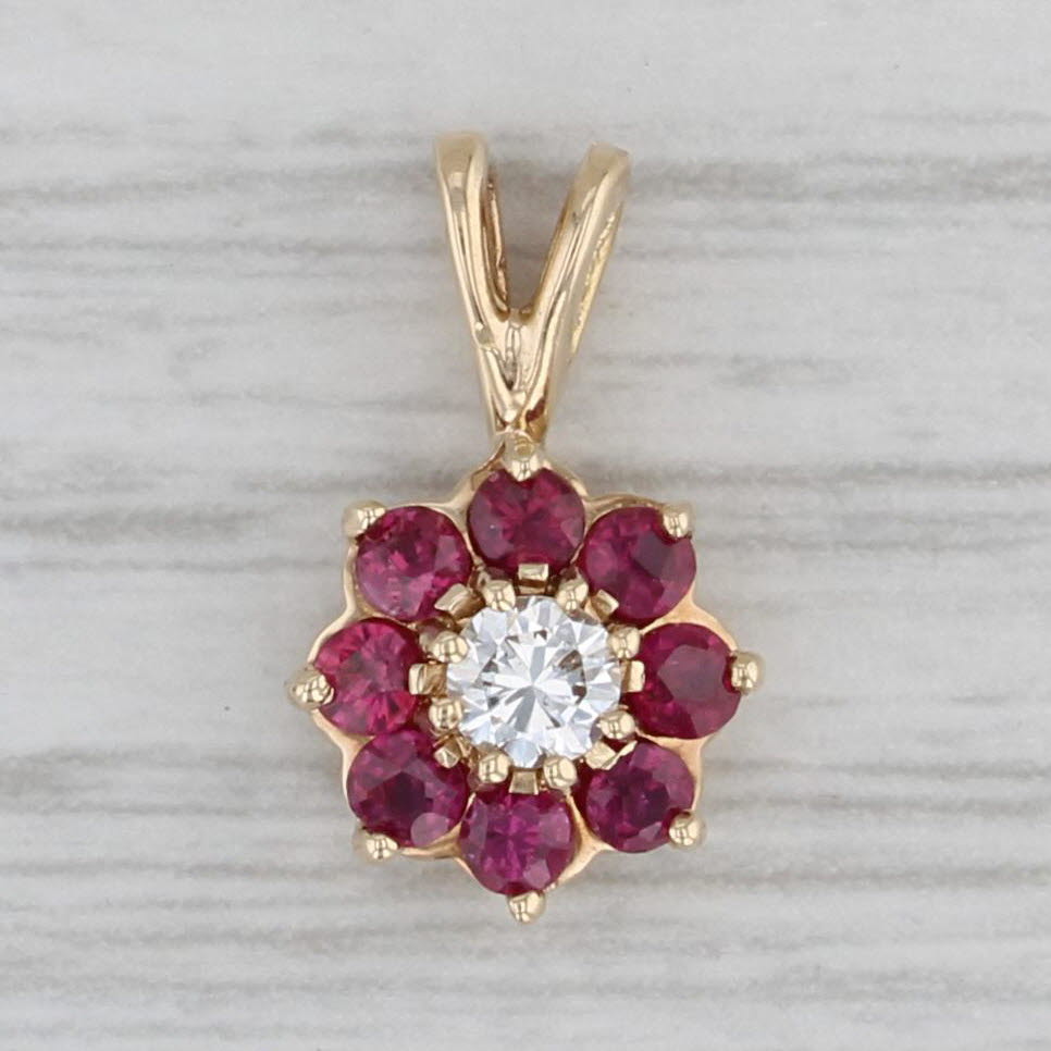 Gray 0.45ctw Ruby Diamond Flower Pendant 14k Yellow Gold Small Drop