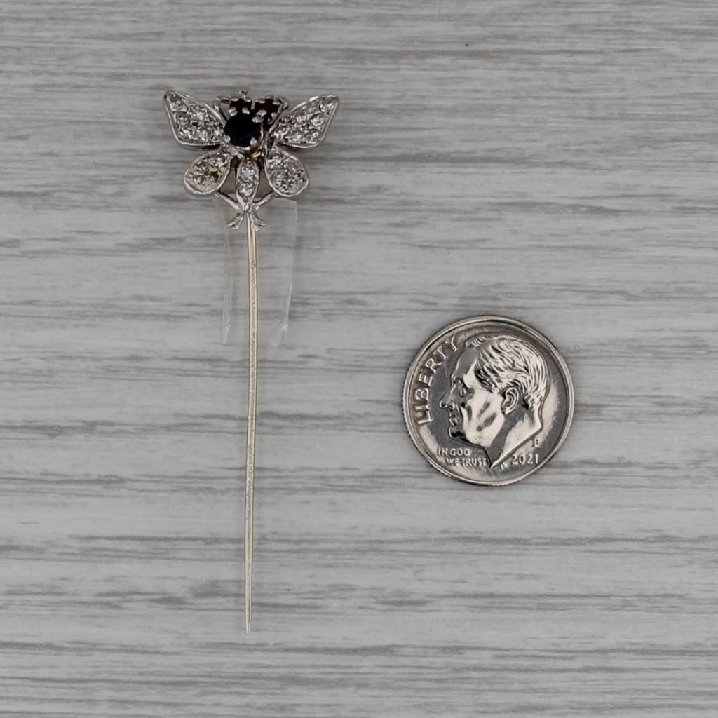 Vintage 0.43ctw Gemstone Butterfly Stickpin 12k Gold Diamond Sapphire Ruby