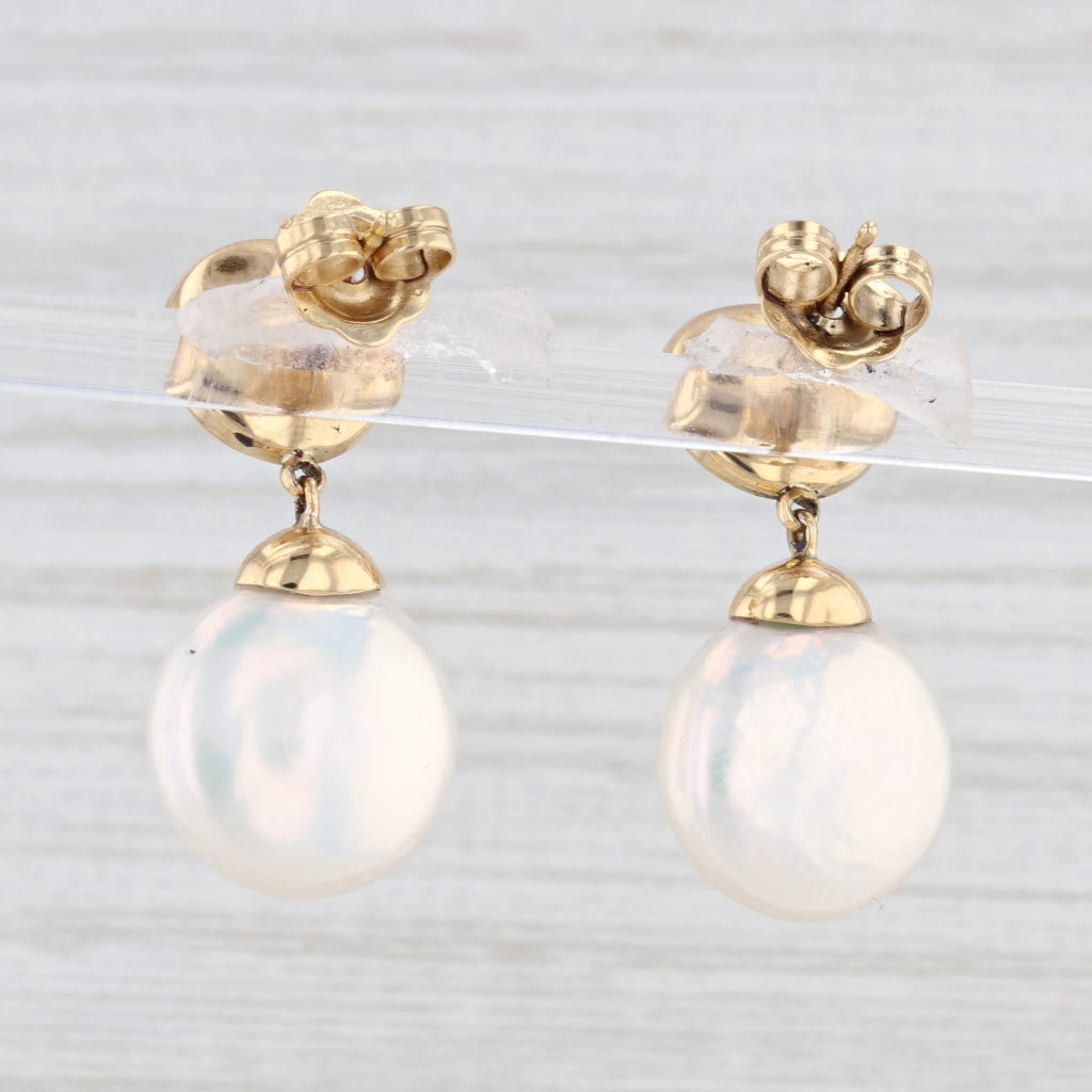 Light Gray Yvel Cultured Pearl Coin Diamond Dangle Earrings 18k Yellow Gold Pierced Drops