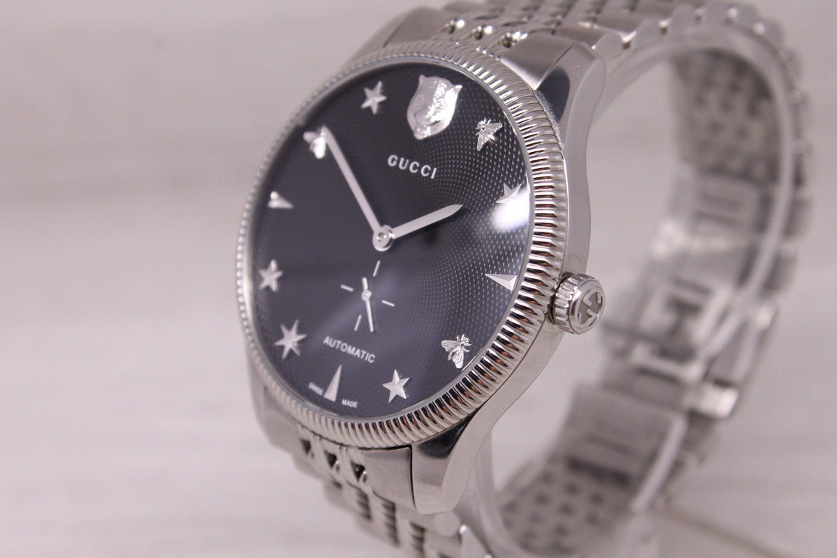 Gucci G-Timeless 40mm Steel Automatic Watch YA126353 Black Waffle Dial Box Set