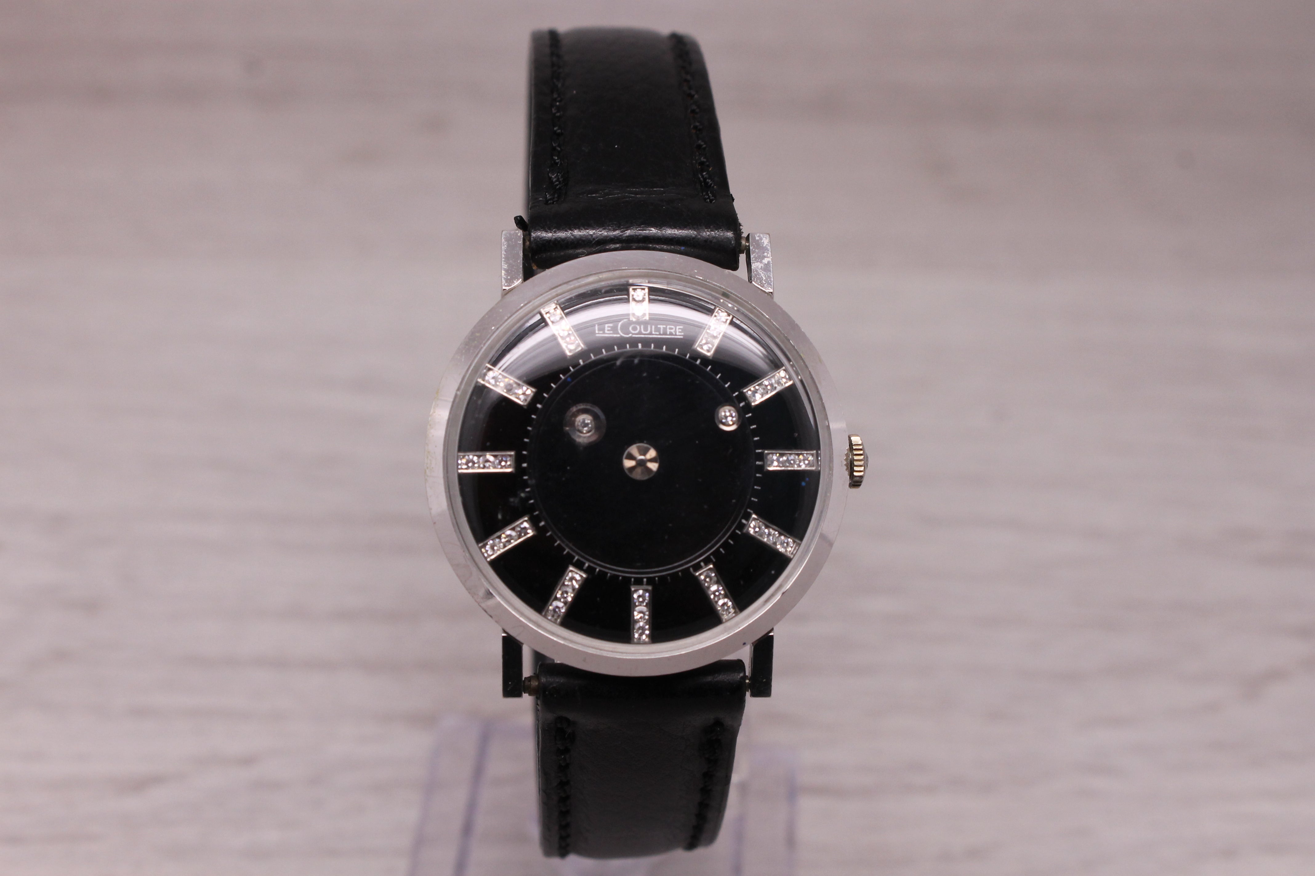Dark Gray Vintage 1960s LeCoultre Mystery Dial 14k White Gold Diamond Dial Mens Watch