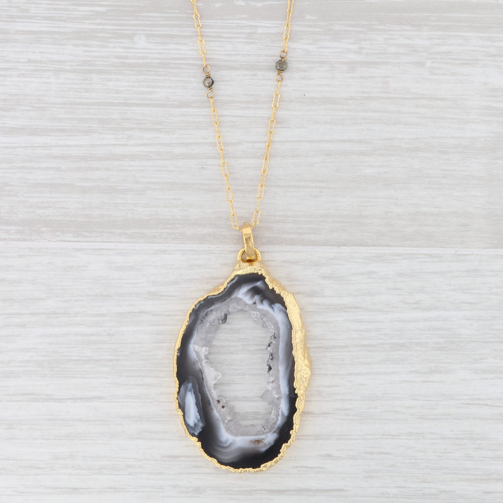 New Nina Wynn Geode Quartz Pendant 38-40" Necklace Sterling Gold Vermeil