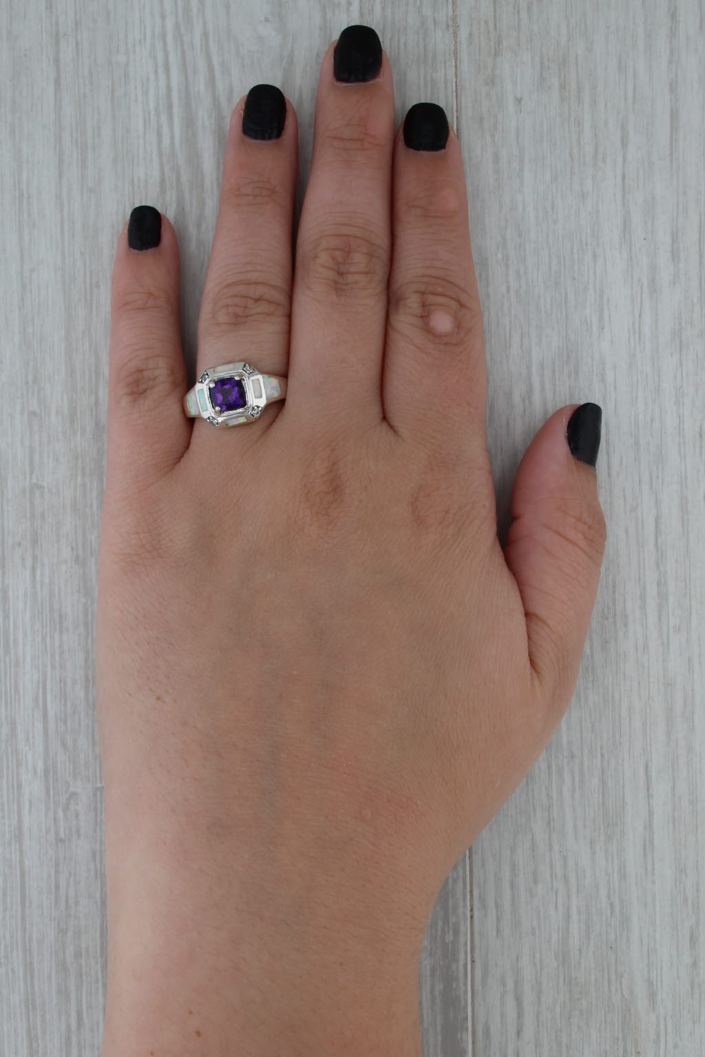0.70ctw Amethyst Opal Inlay Cubic Zirconia Sterling Silver Size 8.25