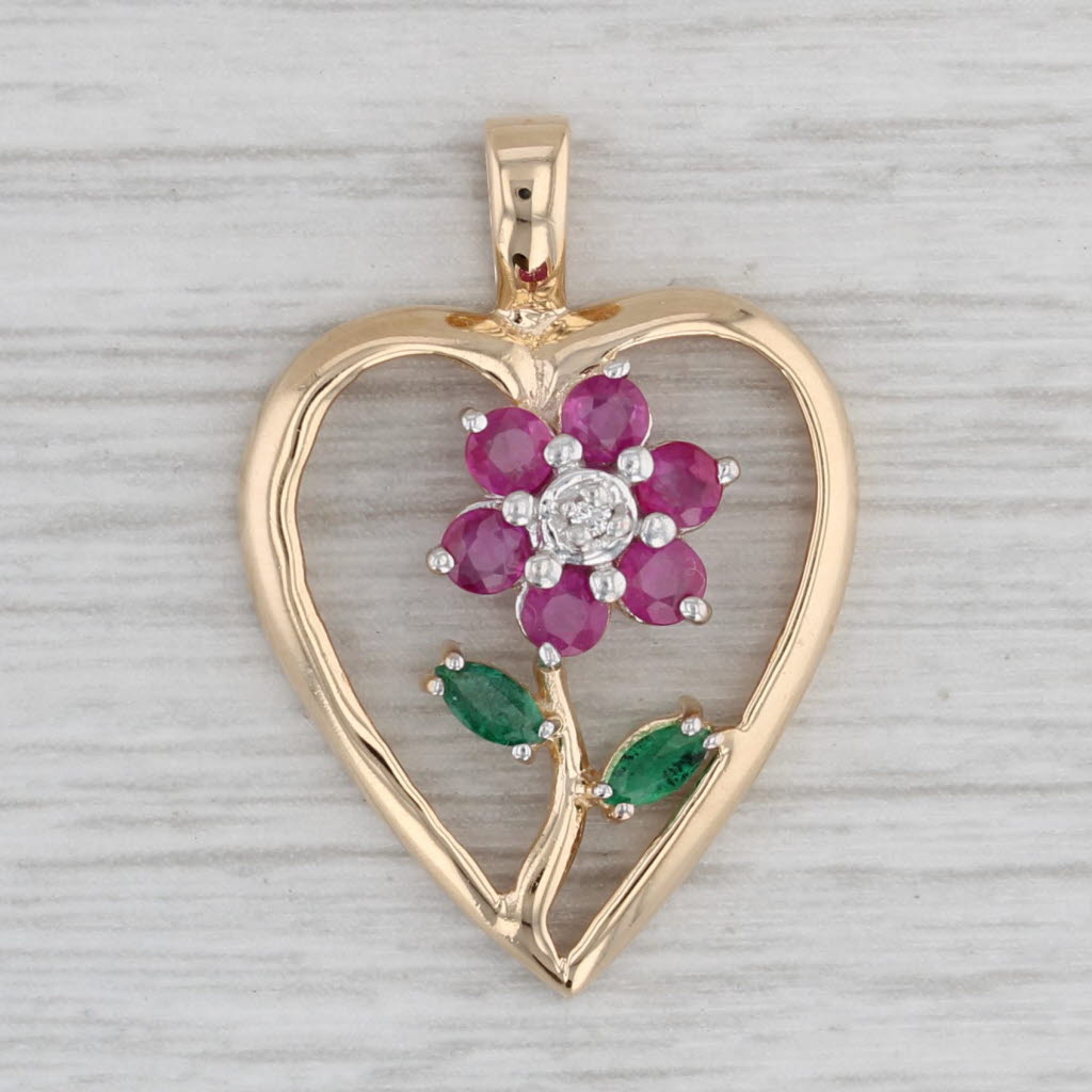 Gray 0.80ctw Ruby Emerald Diamond Flower Heart Pendant 14k Yellow Gold