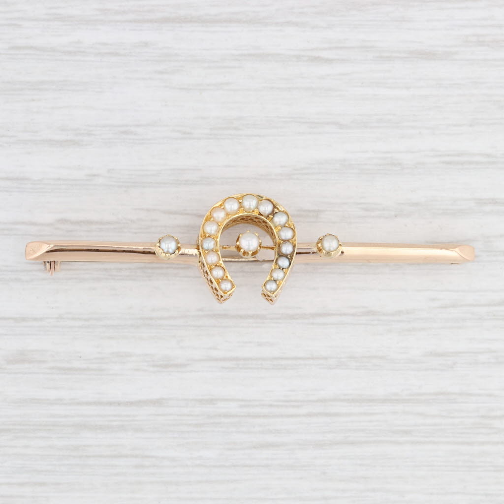 Light Gray Vintage Pearl Horseshoe Bar Brooch 14k Yellow Gold Western Pin