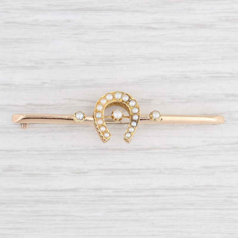 Light Gray Vintage Pearl Horseshoe Bar Brooch 14k Yellow Gold Western Pin