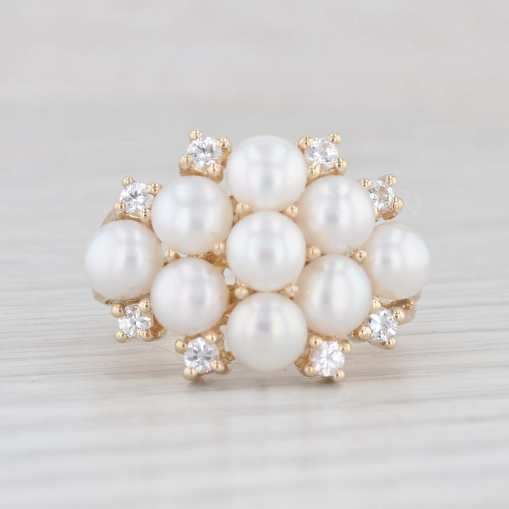 Light Gray Cultured Pearl Cluster Cubic Zirconia Ring 14k Yellow Gold Size 5.25