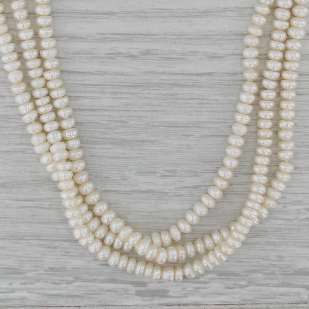 Cultured Pearl 3-Strand Necklace 18k Gold Emerald Diamond Clasp 31.25"
