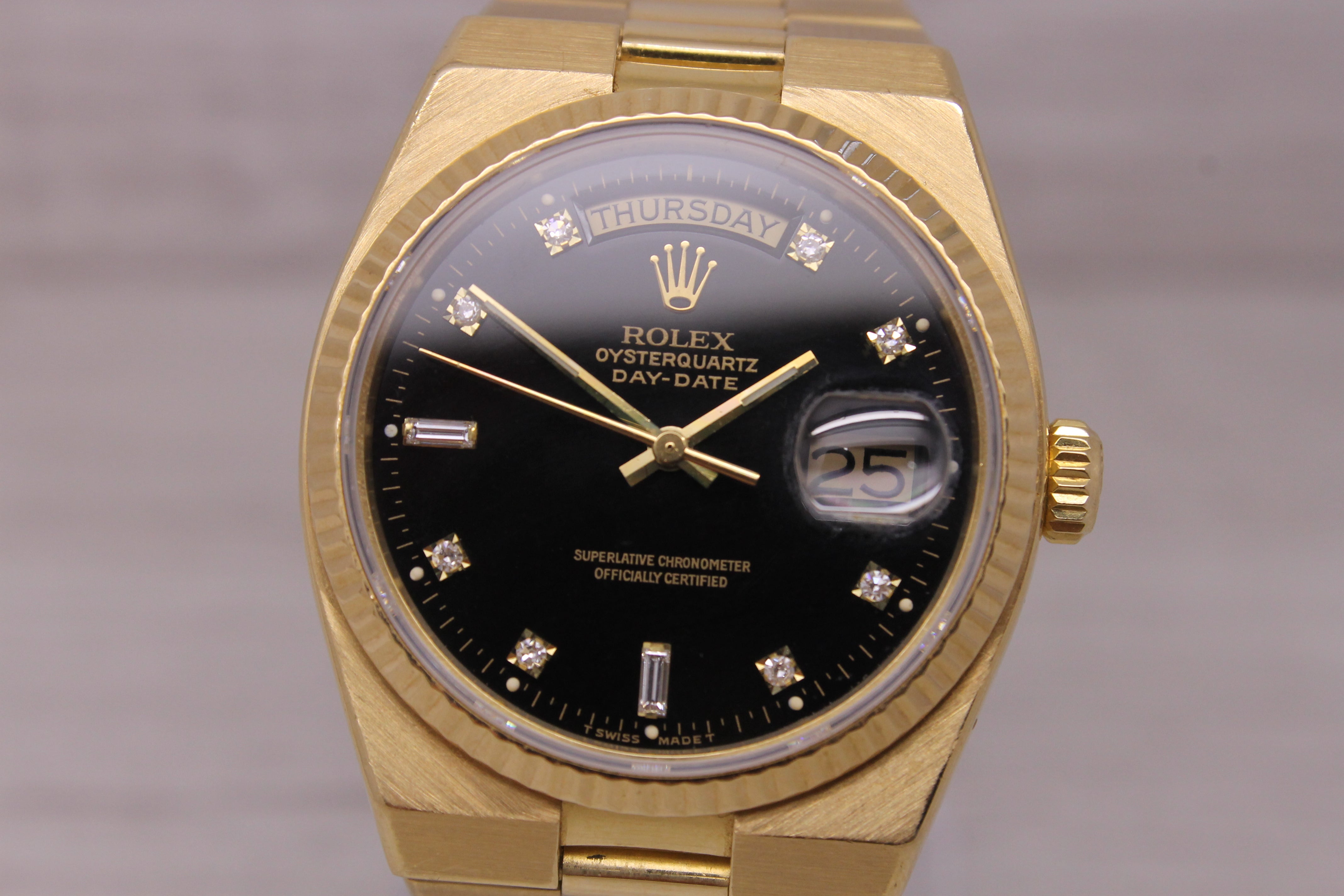 Rosy Brown Vintage 1979 Rolex Oysterquartz Day Date 18k Gold Mens Watch Black Diamond Dial