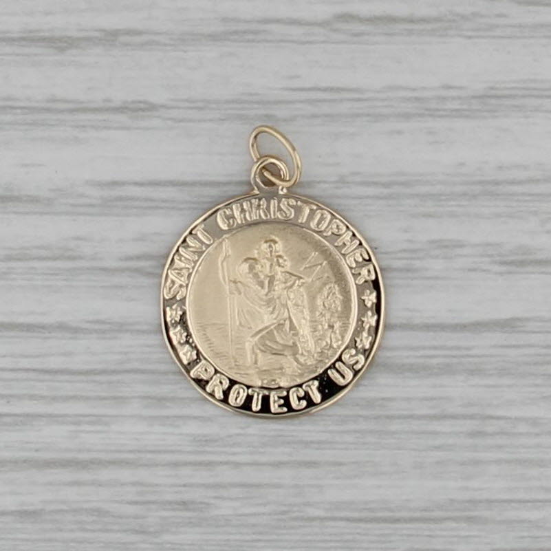 Saint Christopher Protect Us Charm 14k Yellow Gold Pendant Catholic Token