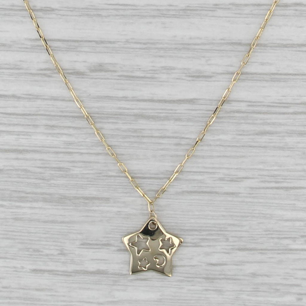 Moon Stars Star Pendant Necklace 14k Yellow Gold 16", 18" Cable Chain