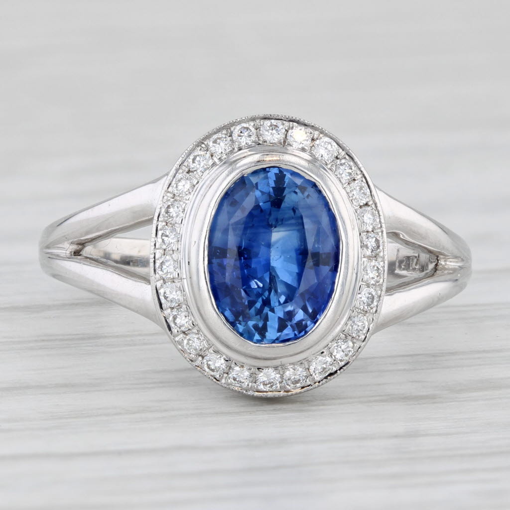 Light Gray 1.77ctw Oval Blue Sapphire Diamond Halo Ring 18k White Gold Size 6.25