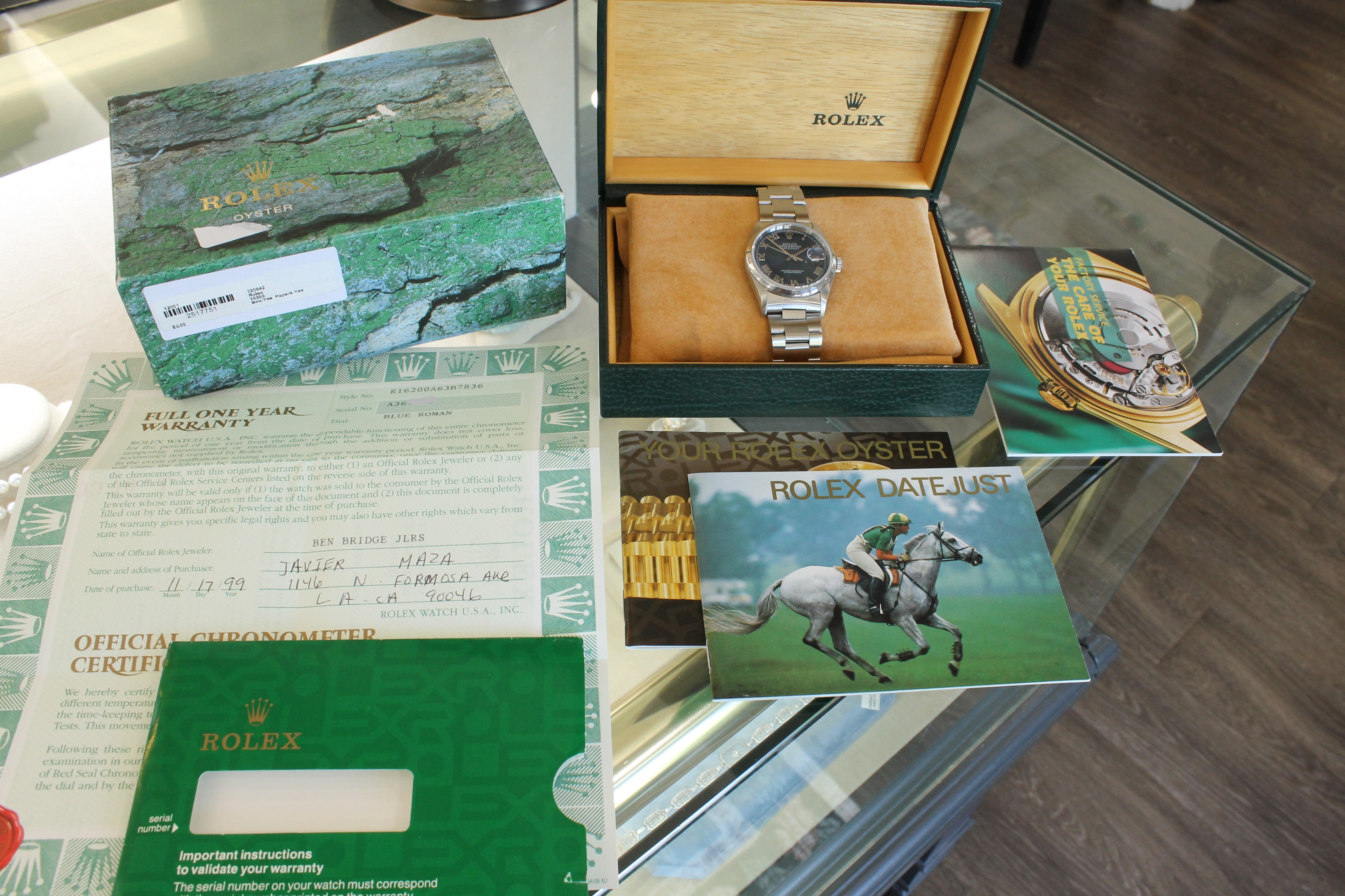 1999 Rolex Datejust 16200 36mm Steel Automatic Oyster Box Paper Blue Roman Dial