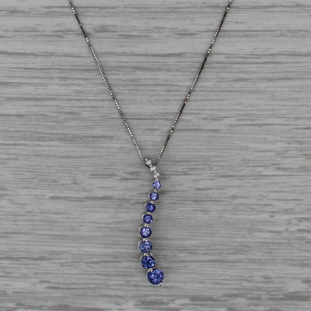 0.91ctw Tanzanite Diamond Journey Pendant Nedcklace 14k White Gold 18" Box Chain