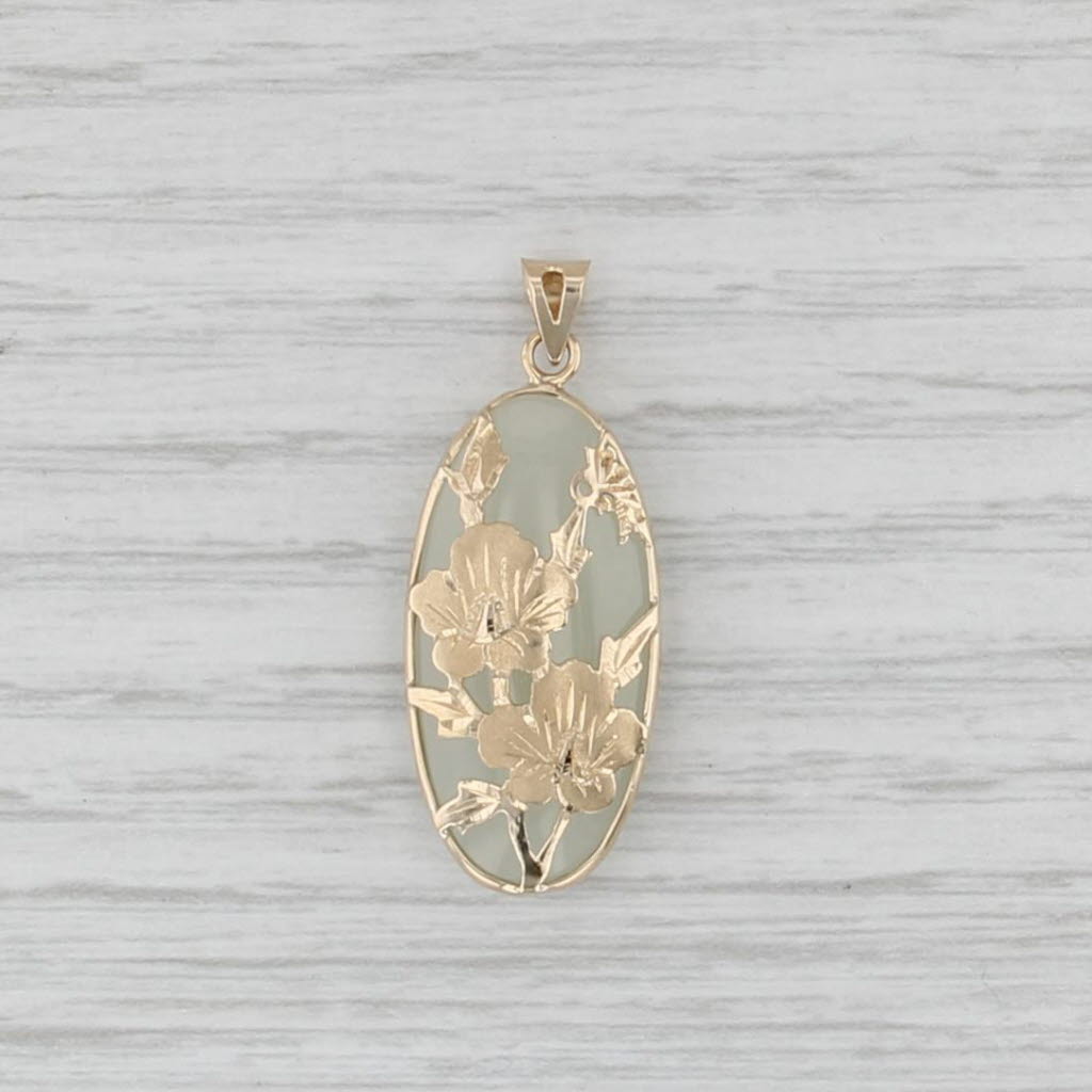 Green Nephrite Jade Flower Pendant 14k Yellow Gold Oval Drop