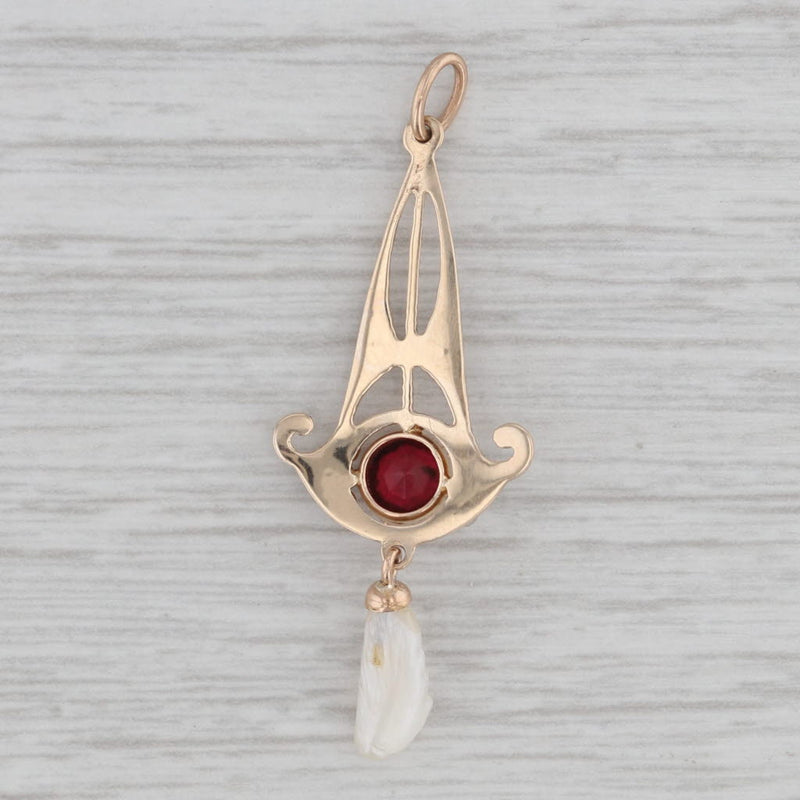 Art Deco Lavalier Pendant 10k Yellow Gold Lab Created Ruby Seed Keshi Pearl