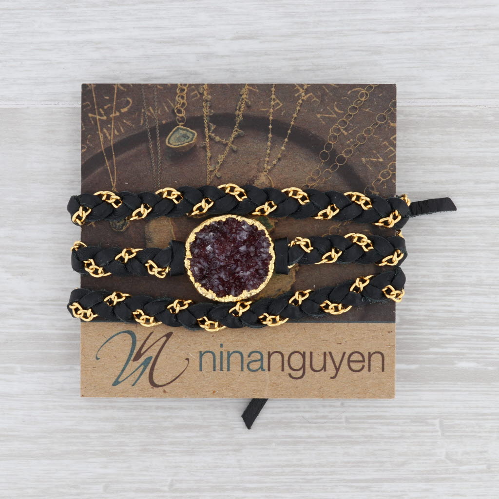 NWT New Nina Wynn Cordelia Necklace Amethyst Druzy Pendant Black Leather