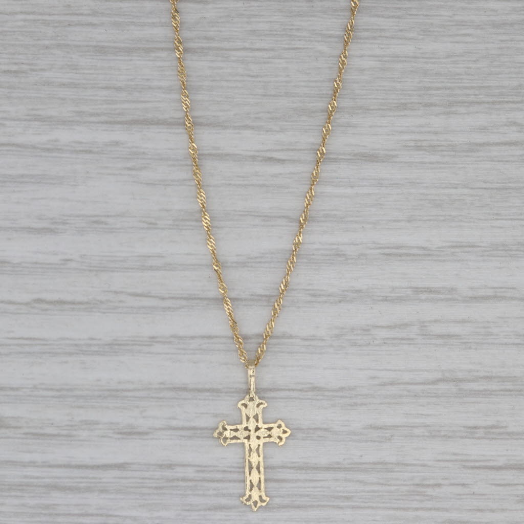 Gray Openwork Cross Pendant Necklace 14k Yellow Gold 18.75" Singapore Chain