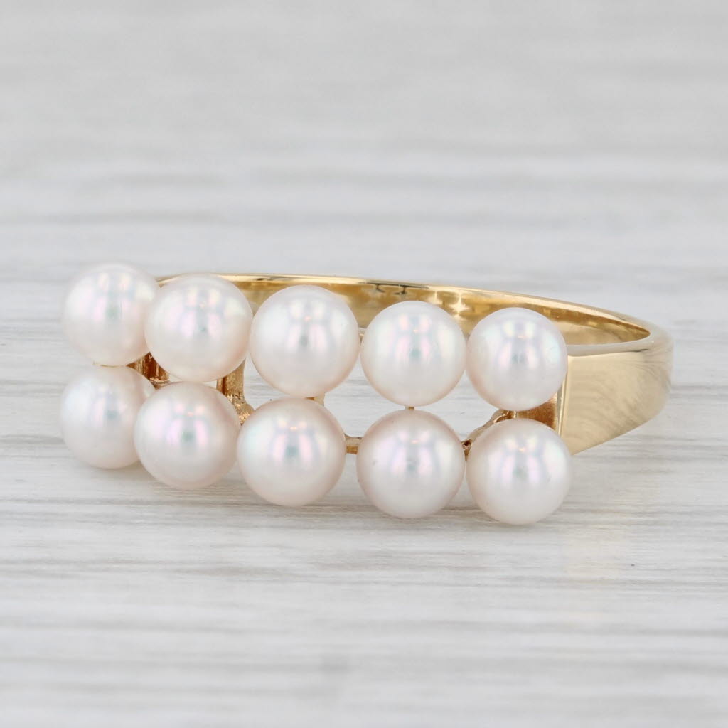 Light Gray Mikimoto Cultured Pearl Cluster Ring 18k Yellow Gold Size 6.5