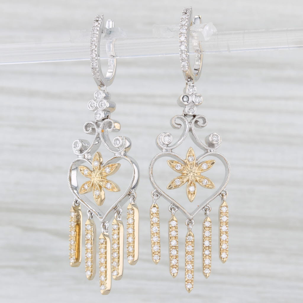 Light Gray 0.50ctw Diamond Flower Dangle Earrings 14k White Yellow Gold Fringed Drops