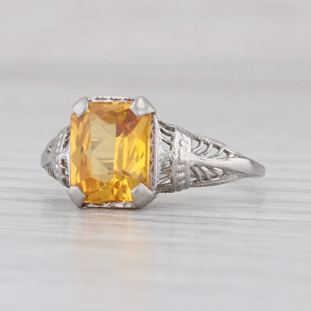 Vintage Lab Created Yellow Sapphire Ring Art Deco Filigree 10k White Gold Sz 6