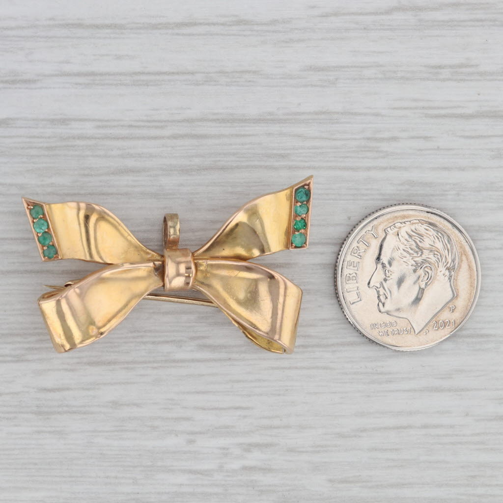 Gray Antique Bow Brooch 14k Yellow Gold 0.15ctw Emerald 1800s Pin