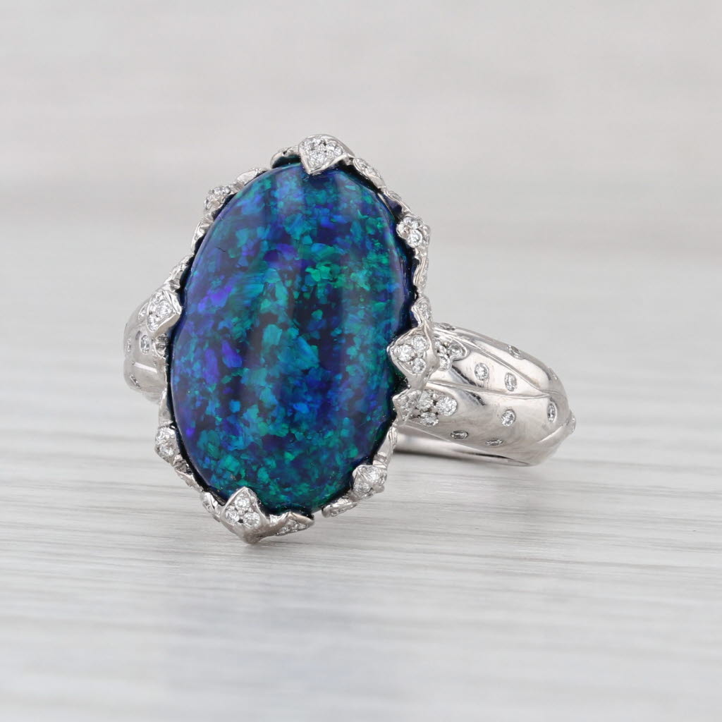 Kat Florence Black Opal Flawless Diamond Ring 18k Gold AJI Blue Green Cabchon