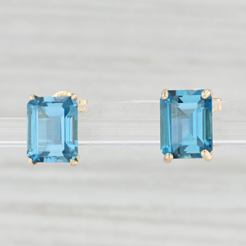 Light Gray 6ctw London Blue Topaz Stud Earrings 14k Yellow Gold Emerald Cut Solitaire Studs