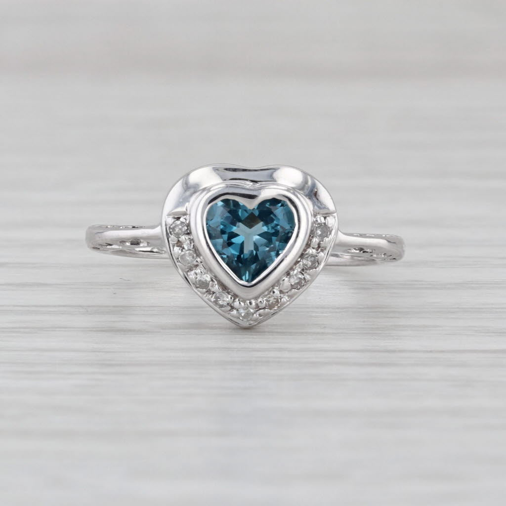 0.98ctw Blue Topaz Diamond Heart Ring 14k White Gold Size 5.5