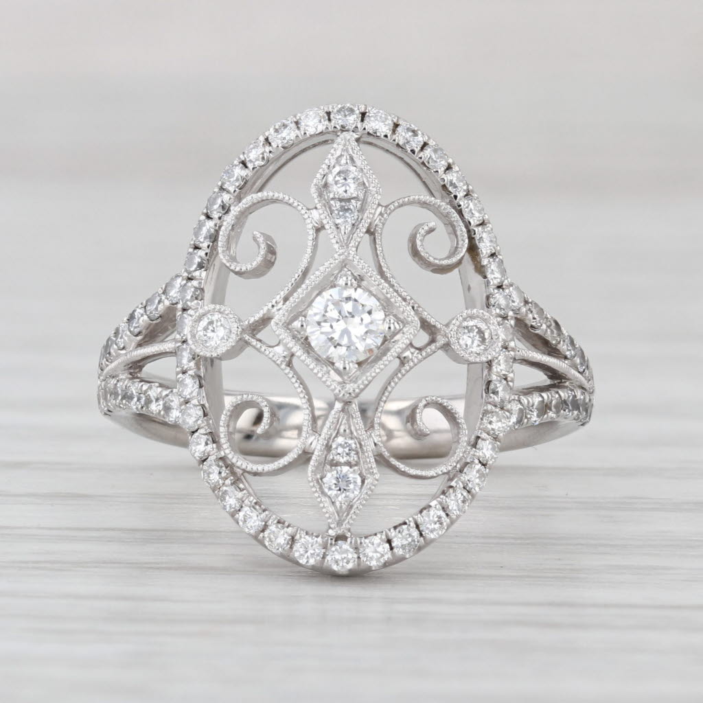 Simon G 0.73ctw Diamond Ornate Filigree Ring 18k White Gold Size 6.5
