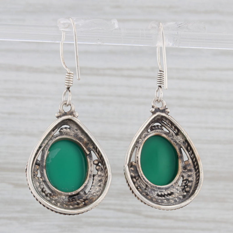 Light Gray Vintage Green Chalcedony Teardrop Dangle Earrings Sterling Silver Hook Posts