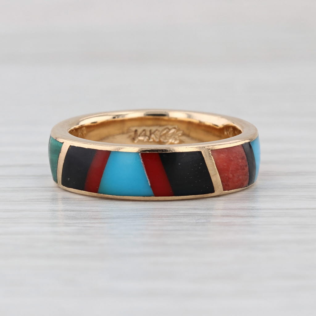 Vintage Native American Stone Mosaic Ring 14k Yellow Gold Size 8 Stackable Band