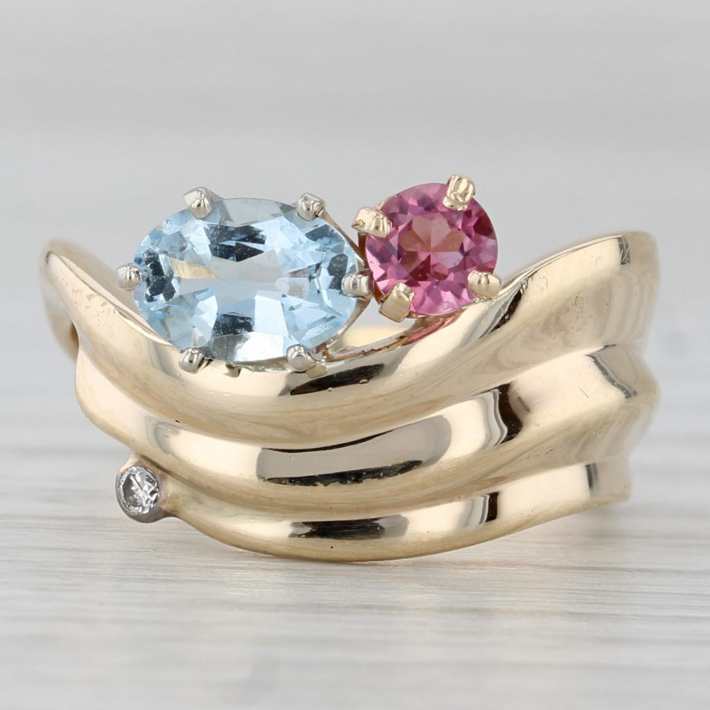 Gray 0.97ctw Aquamarine Pink Tourmaline Diamond Ring 14k Yellow Gold Size 6.5