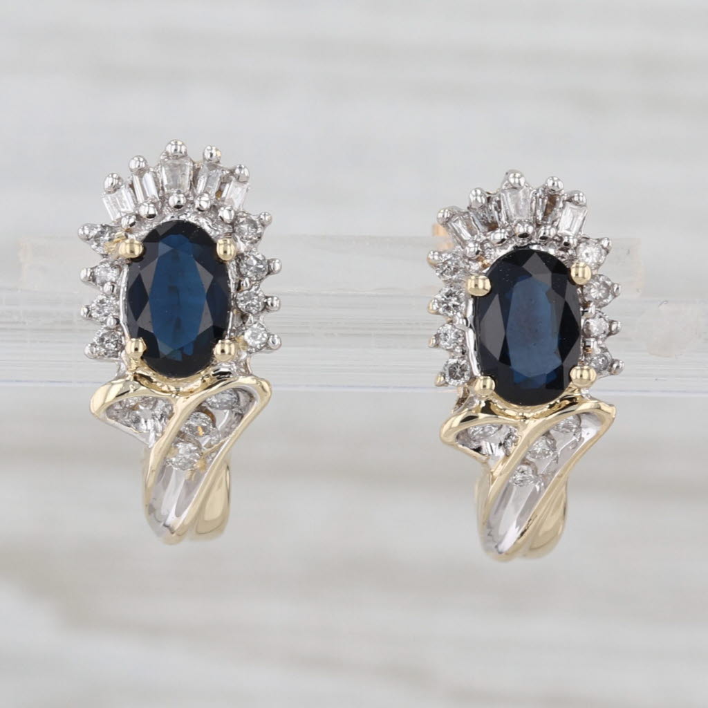 1.32ctw Blue Sapphire Diamond Halo Earrings 10k Gold J-Hook Stud Drops