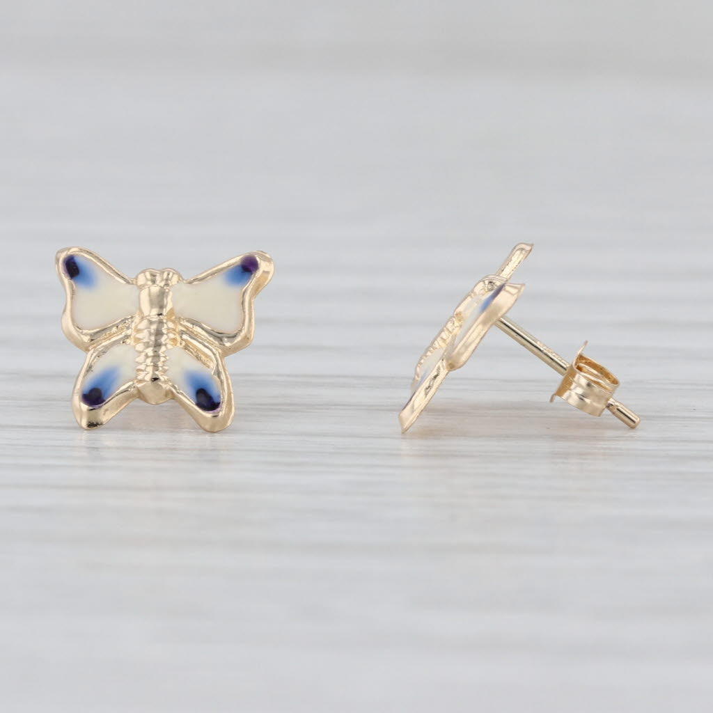 Blue White Enamel Butterfly Stud Earrings 14k Yellow Gold Small Studs