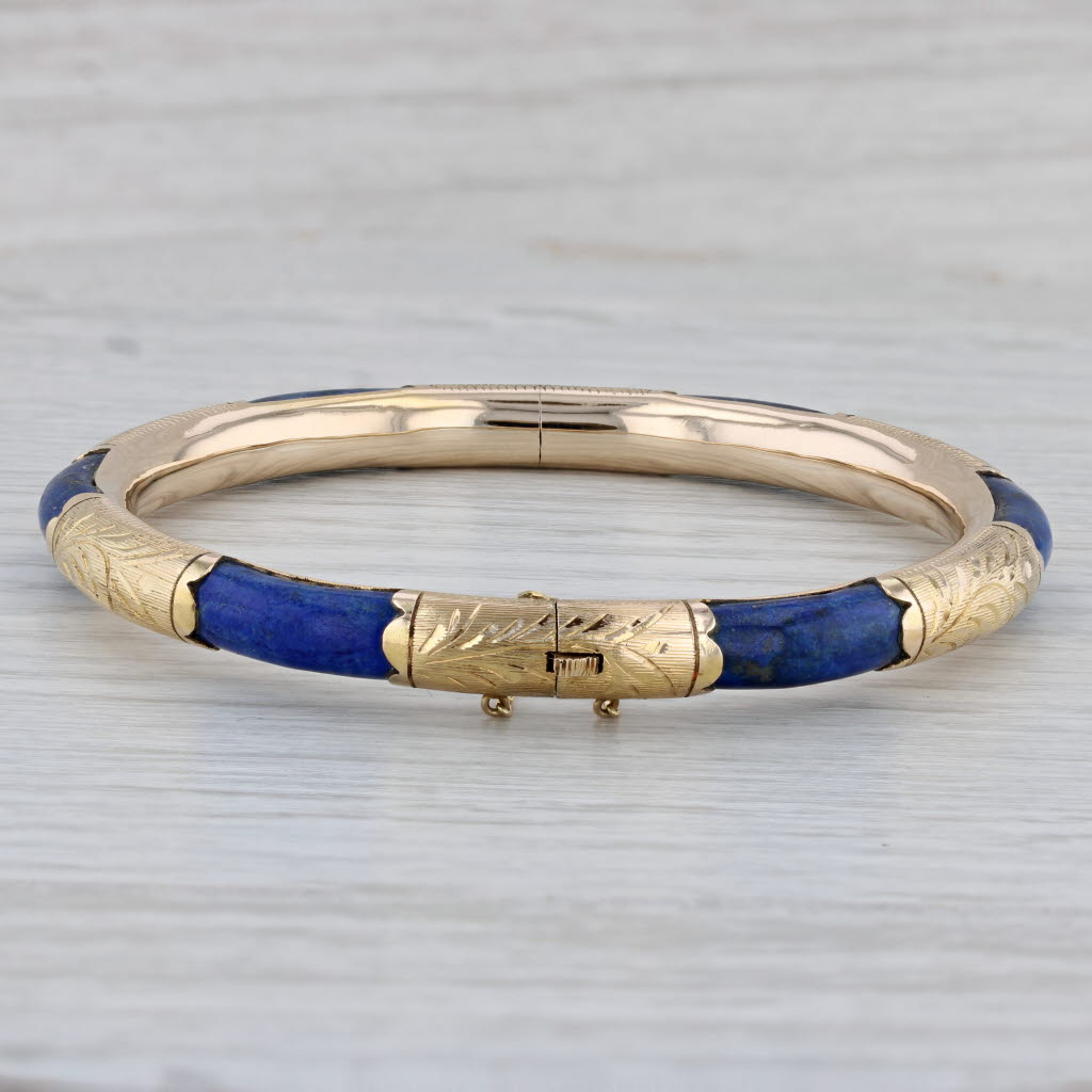 Gray Vintage Lapis Lazuli Bangle Bracelet 14k Yellow Gold 7.5" 6.7mm Ornate