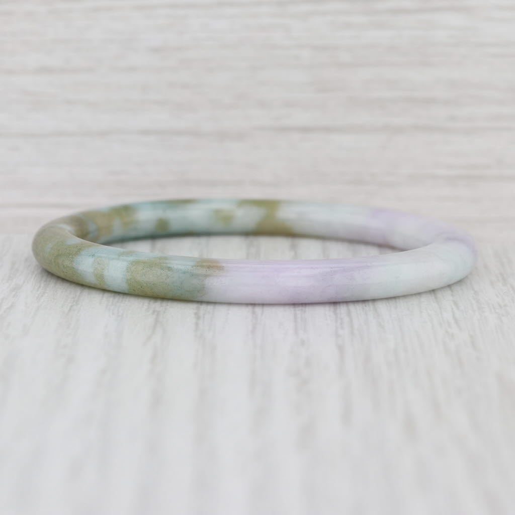 Marbled Green Jadeite Jade Bangle Bracelet 6.75” 6mm Stackable Statement
