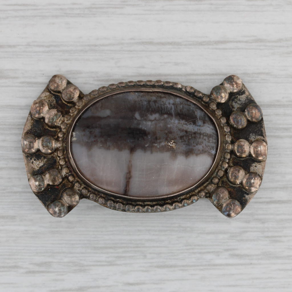 Gray Vintage Marbled Agate Brooch Sterling Silver Pin