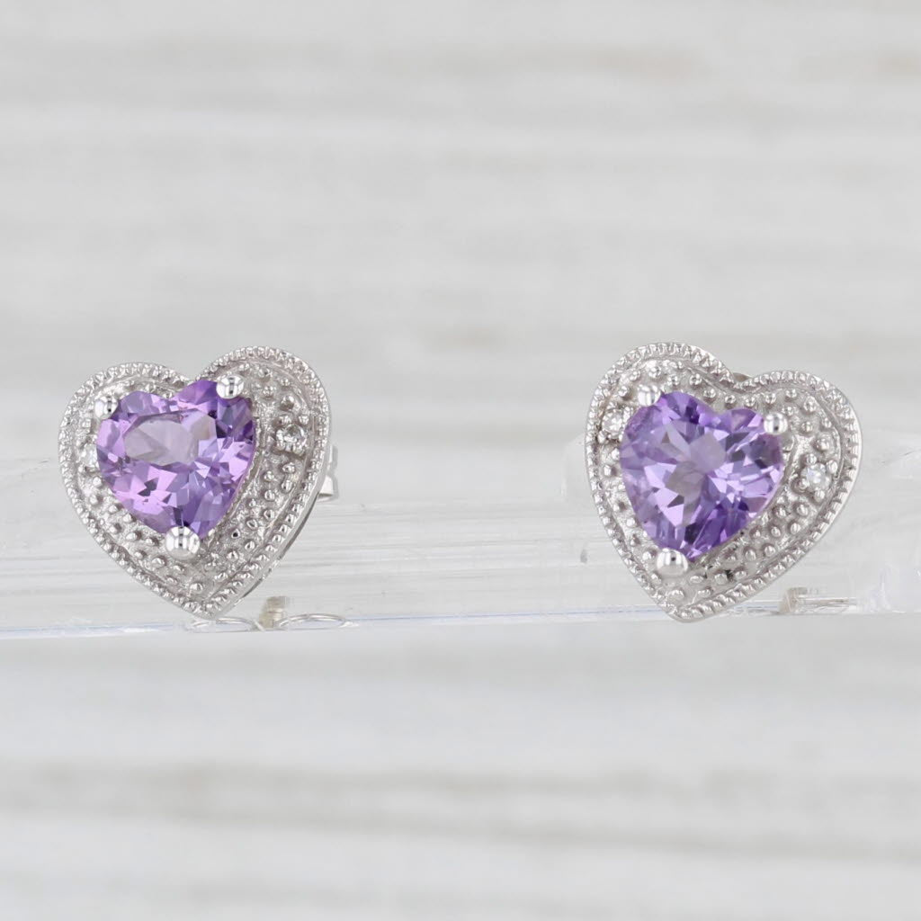 Light Gray 0.80ctw Amethyst Heart Stud Earrings 10k White Gold Diamond Accents