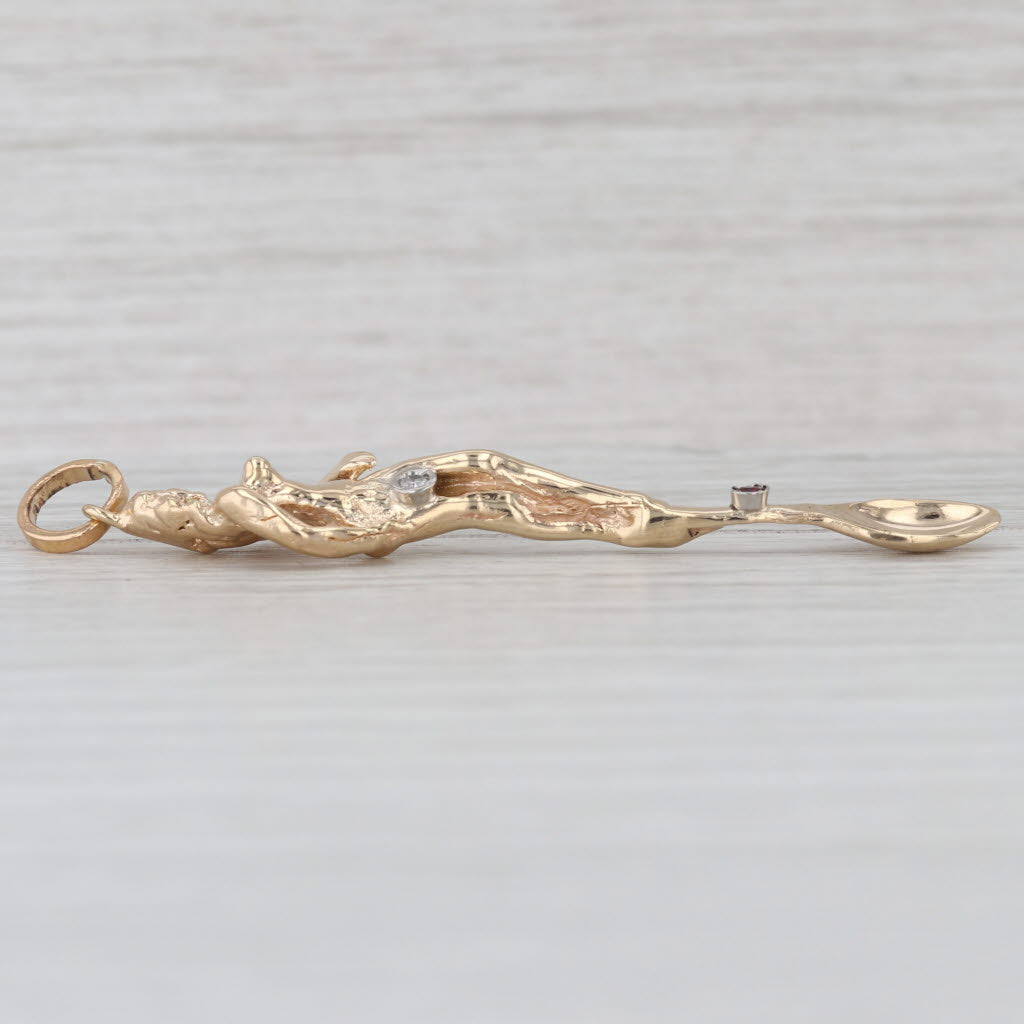 Art Nouveau Statue Lady on Spoon Pendant 14k Gold Diamond Garnet