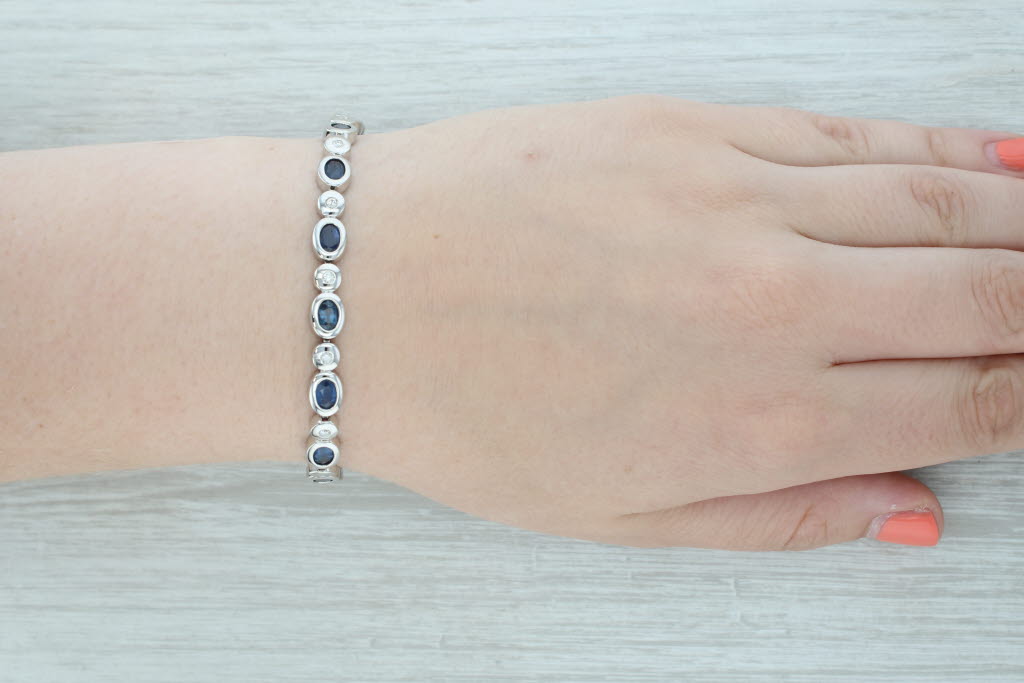 7.56ctw Blue Sapphire Diamond Tennis Bracelet 14k White Gold 6.75" 6.5mm