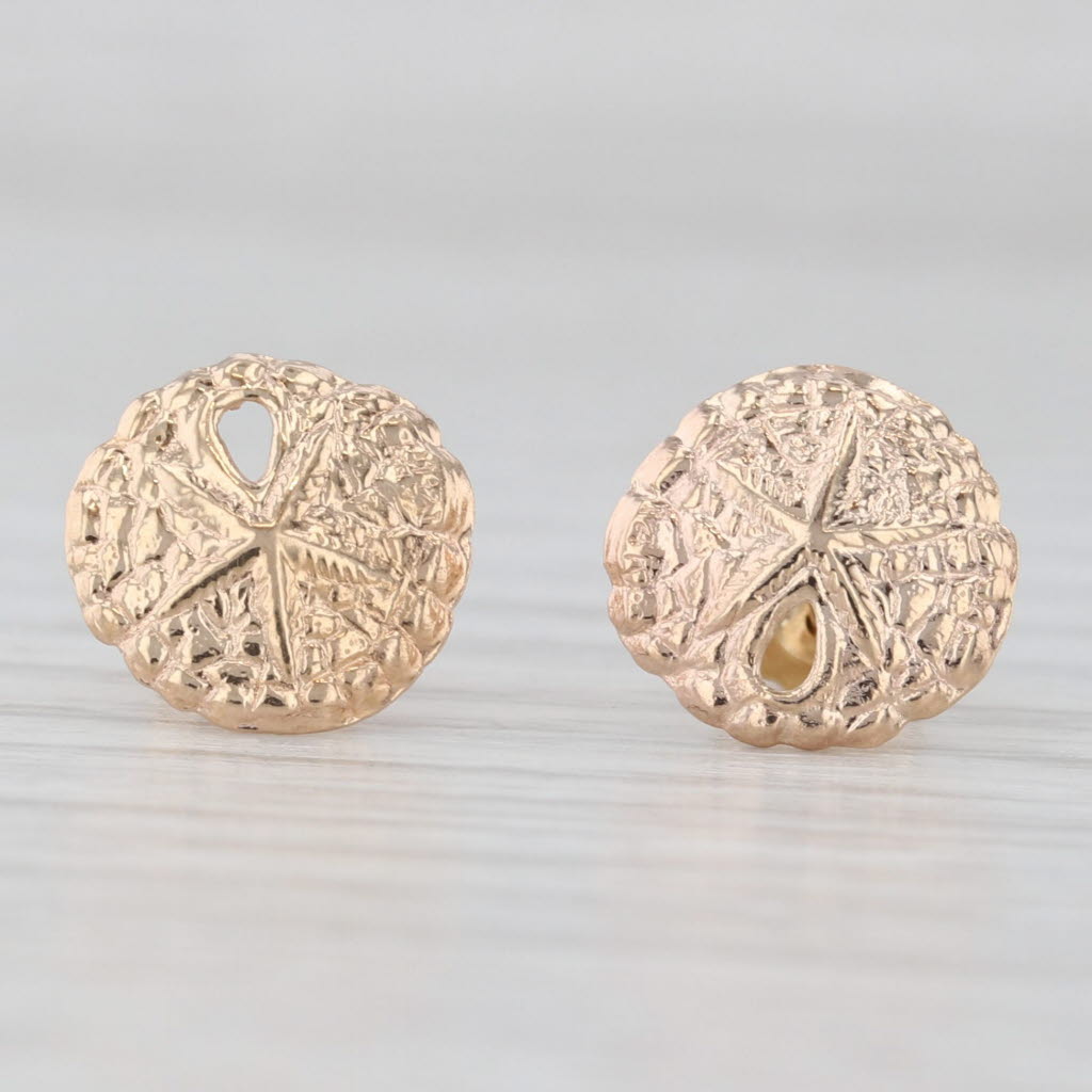 Light Gray Round Sand Dollar Stud Earrings 14k Yellow Gold Nautical Jewelry