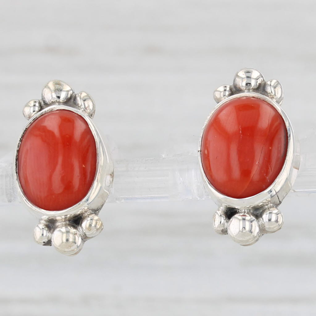 Light Gray Southwestern Coral Stud Earrings Sterling Silver Oval Cabochon Solitaires