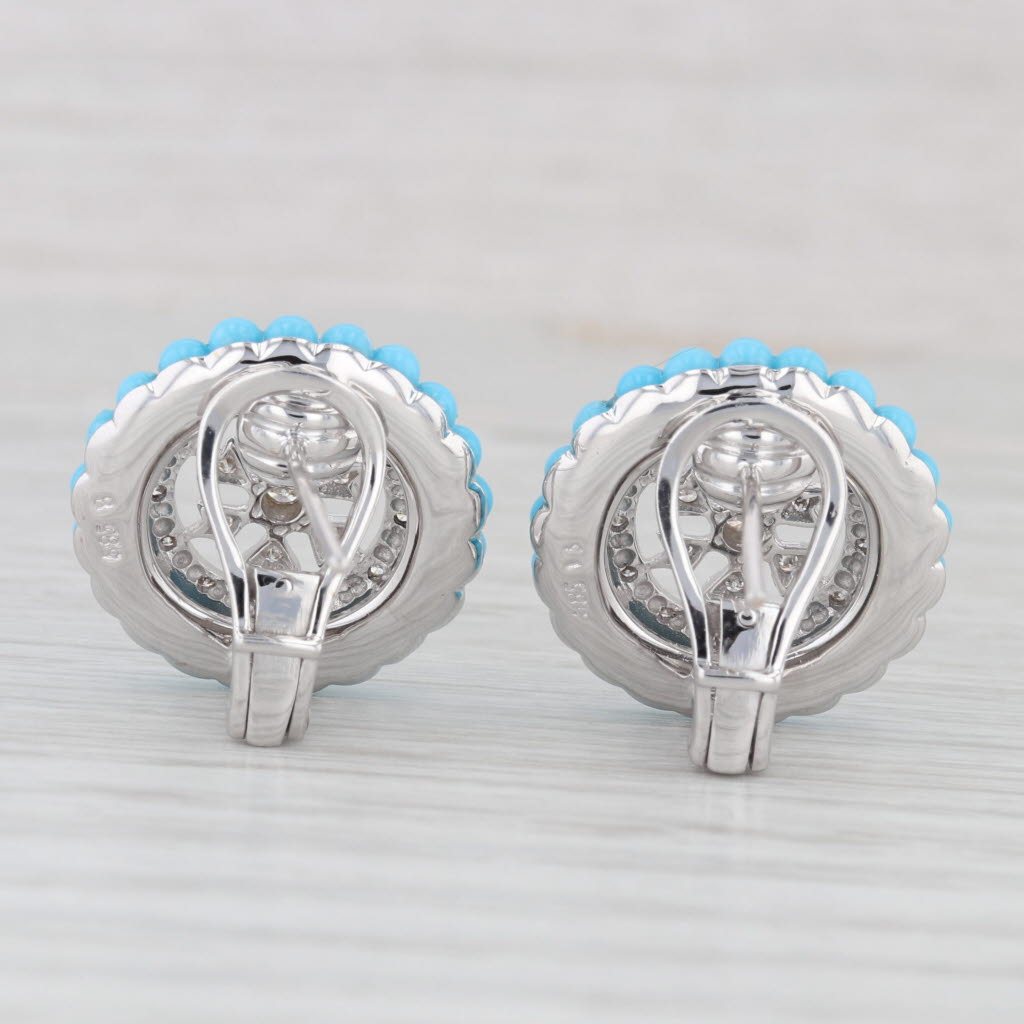 Light Gray Turquoise Halo 0.40ctw Diamond Button Stud Earrings 14k White Gold Omega Backs