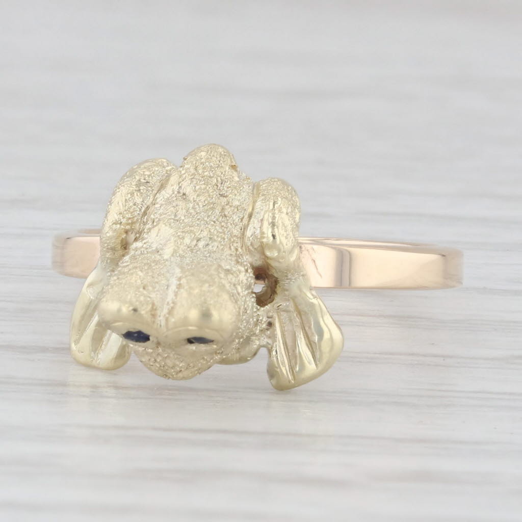 Light Gray Blue Sapphire Frog Toad Ring 14k Yellow Gold Size 5.25