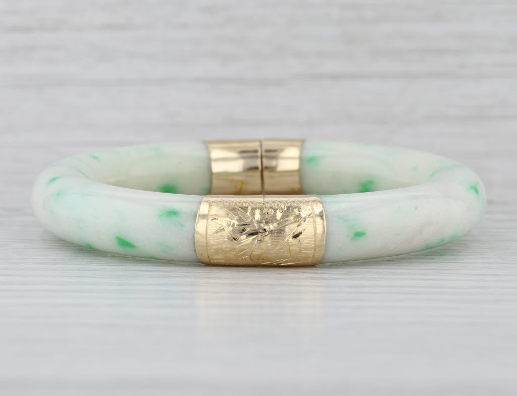 Green Jadeite Jade Bangle Bracelet Floral 14k Yellow Gold 7" 10.1mm