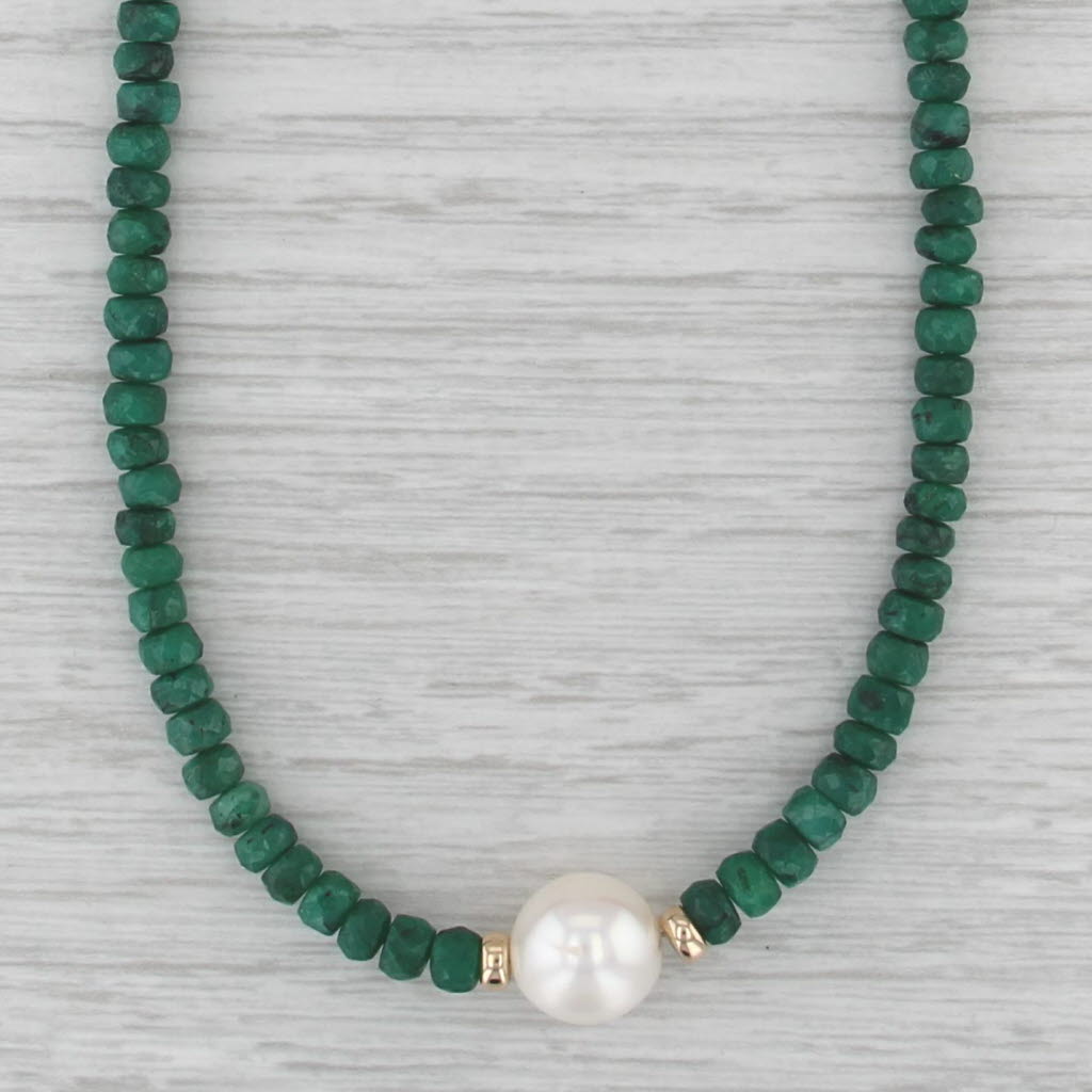 Cultured Pearl Emerald Bead Strand Necklace 14k Gold 18.25"